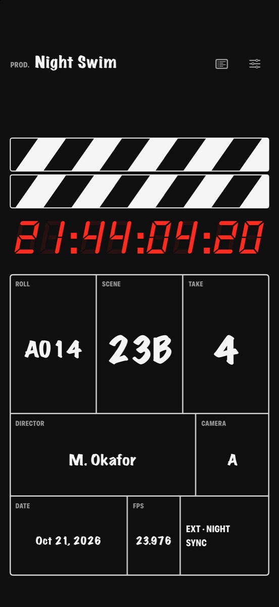 Clap's iPhone slate at the moment of the clap: sticks shut, red timecode reading 21:44:04:20, and the Night Swim board showing roll A014, scene 23B, take 4, director M. Okafor, camera A, 23.976 fps, EXT · NIGHT and SYNC
