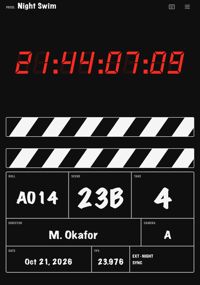 Clap on iPhone Duo's inner screen: large red timecode and the top stick on the upper half, the bottom stick and the Night Swim board on the lower half