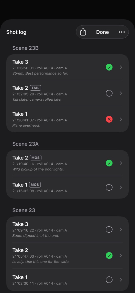 Clap's shot log for Night Swim grouped by scene: 23B takes 1 to 3 with take 1 marked NG for a plane overhead, take 2 tagged TAIL and take 3 circled, 23A takes 1 and 2 tagged MOS, and 23 takes 1 to 3 with notes