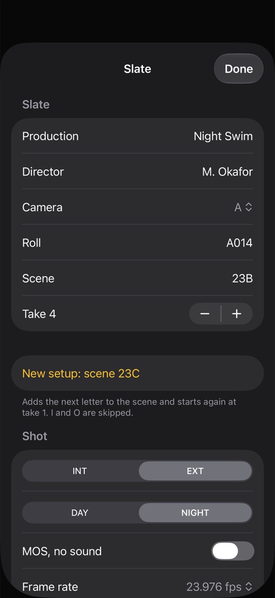 Clap's slate editor showing production Night Swim, director M. Okafor, camera A, roll A014, scene 23B and take 4, a New setup: scene 23C button, INT/EXT and DAY/NIGHT set to EXT and NIGHT, an MOS switch and a frame rate of 23.976 fps
