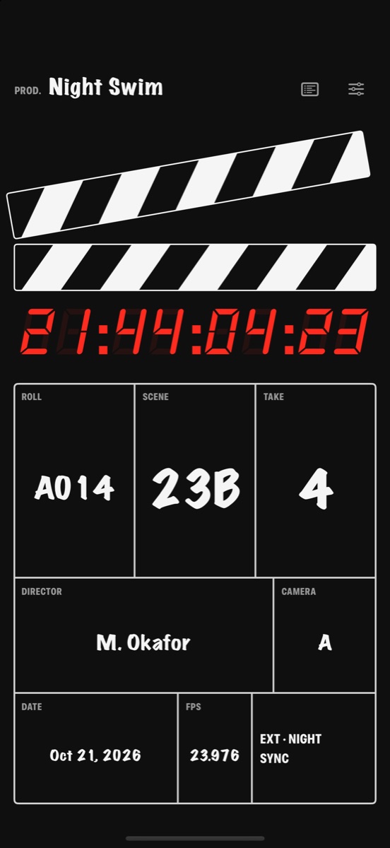 An iPhone film slate filled in for Night Swim: red timecode 21:44:04:23, roll A014, scene 23B, take 4, director M. Okafor, camera A, date Oct 21, 2026, 23.976 fps, EXT · NIGHT and SYNC