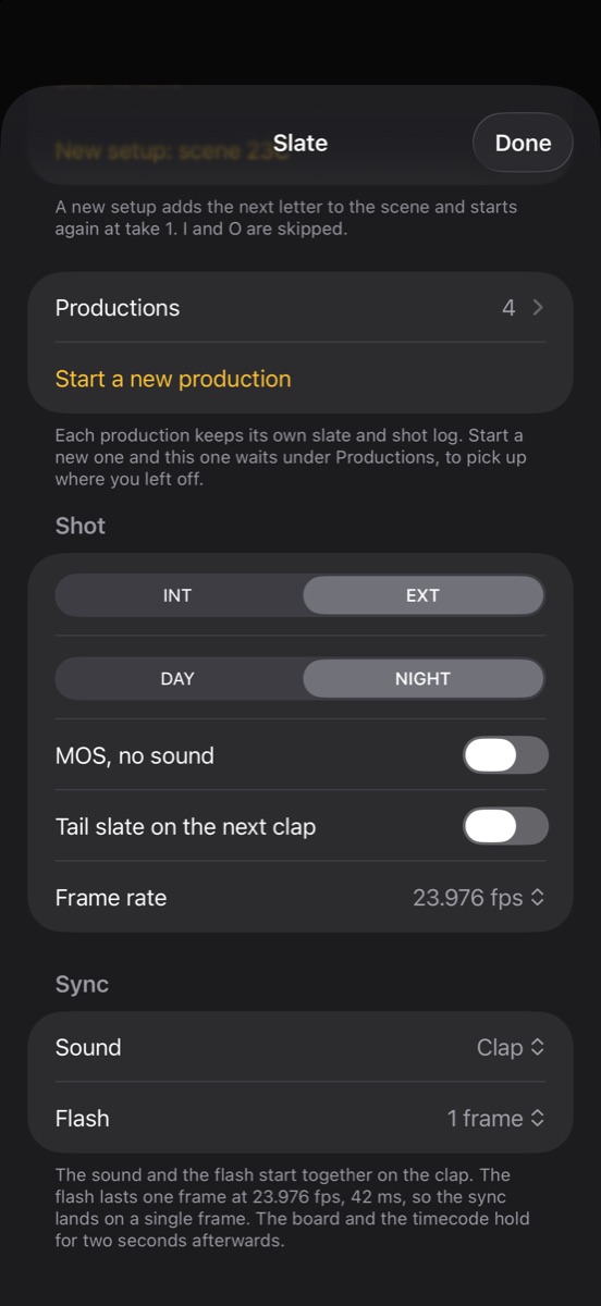 Clap's slate settings: INT and EXT, DAY and NIGHT, switches for MOS and for a tail slate on the next clap, frame rate 23.976 fps, and a Sync section with Sound set to Clap and Flash set to 1 frame
