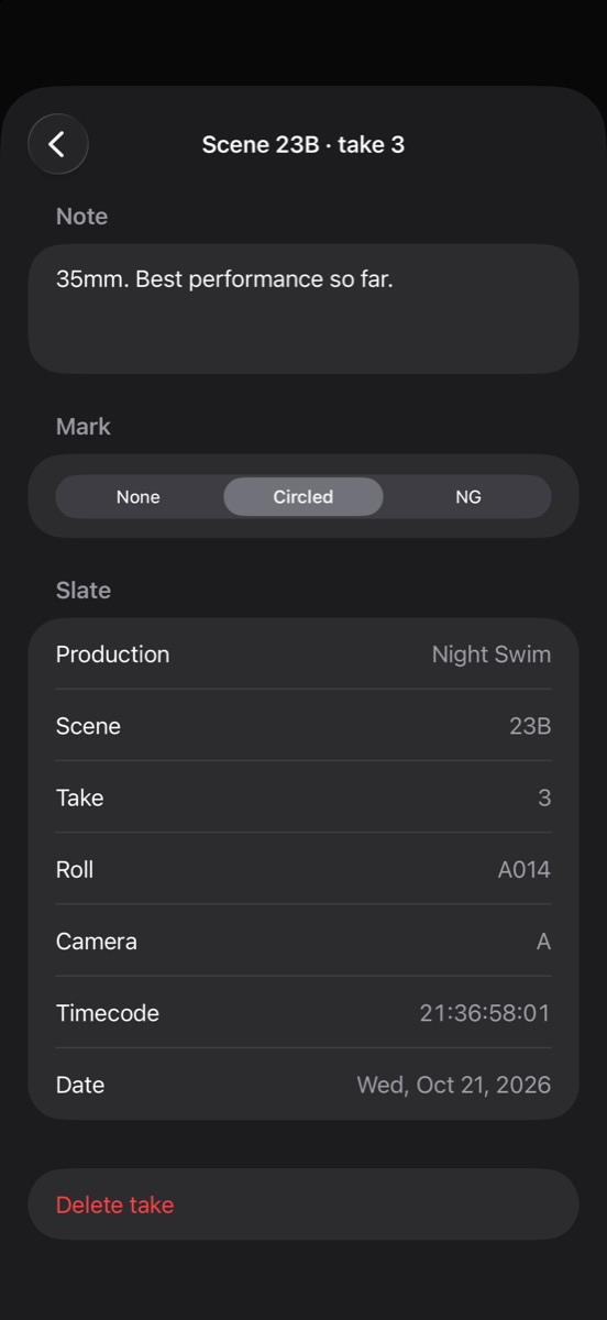 A take opened in Clap's shot log: scene 23B, take 3, with the note "35mm. Best performance so far.", the mark set to Circled, and the slate details for Night Swim, roll A014, camera A